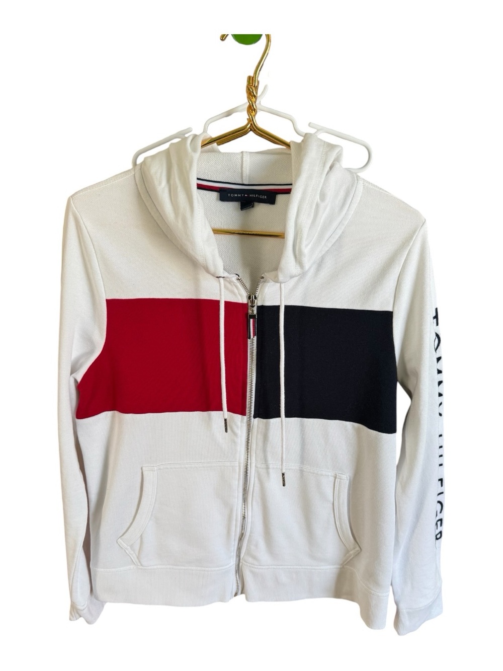 Classic Tommy Hilfiger White Hoodie with Red & Navy Chest Panels women’s size L
